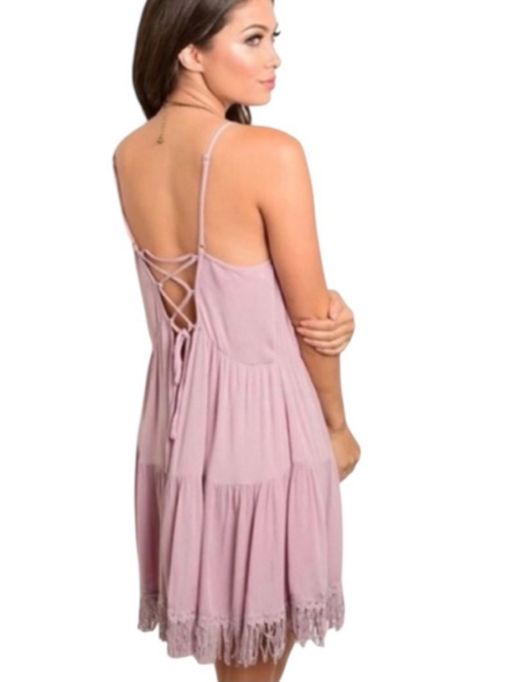 NEW• Zen Bohemian Dusty Mauve Fringe Tiered Hemline Boho Chic Sun Dress• L